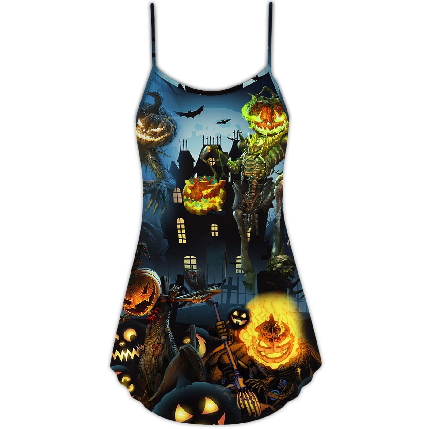 Halloween Pumpkin Scary Sky Night - V-neck Sleeveless Cami Dress - Owls Matrix LTD