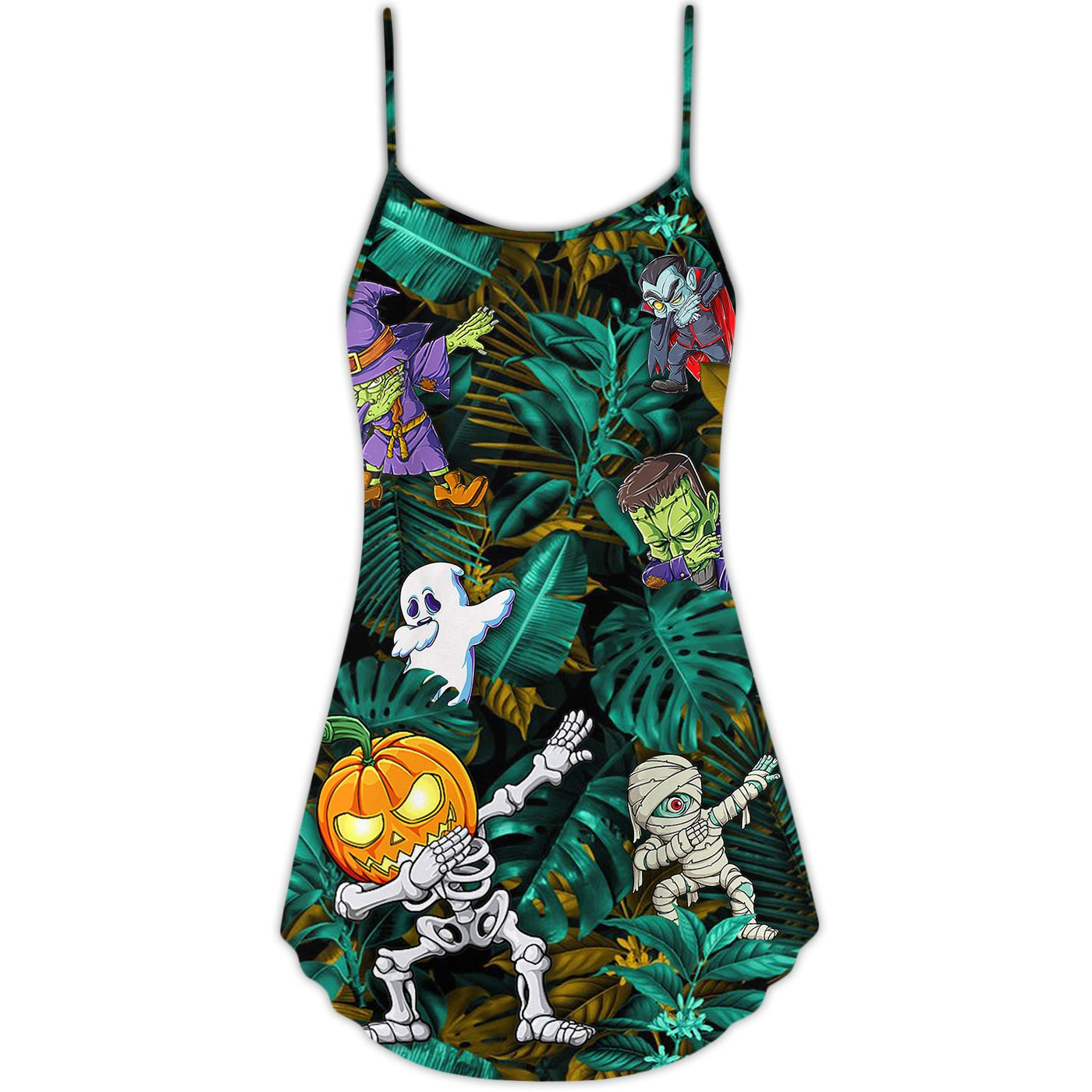 Halloween Dabbing Skeleton Zombie Style - V-neck Sleeveless Cami Dress - Owls Matrix LTD