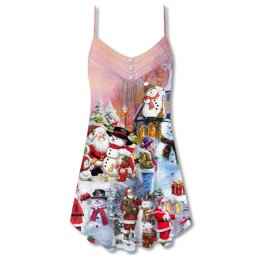 Santa And Snowman Christmas Snow Village - V-neck Sleeveless Cami Dress - Owls Matrix LTD