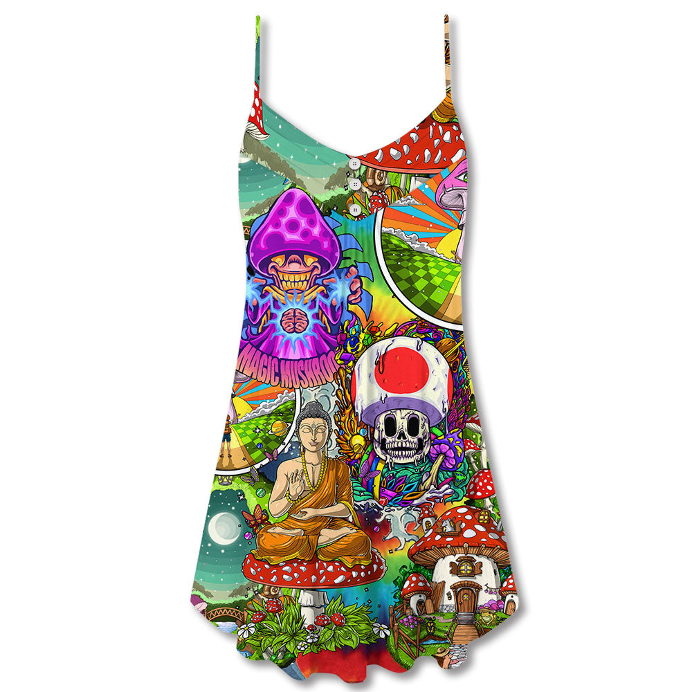 Hippie Mushroom Peace Colorful Let It Be - V-neck Sleeveless Cami Dress - Owls Matrix LTD
