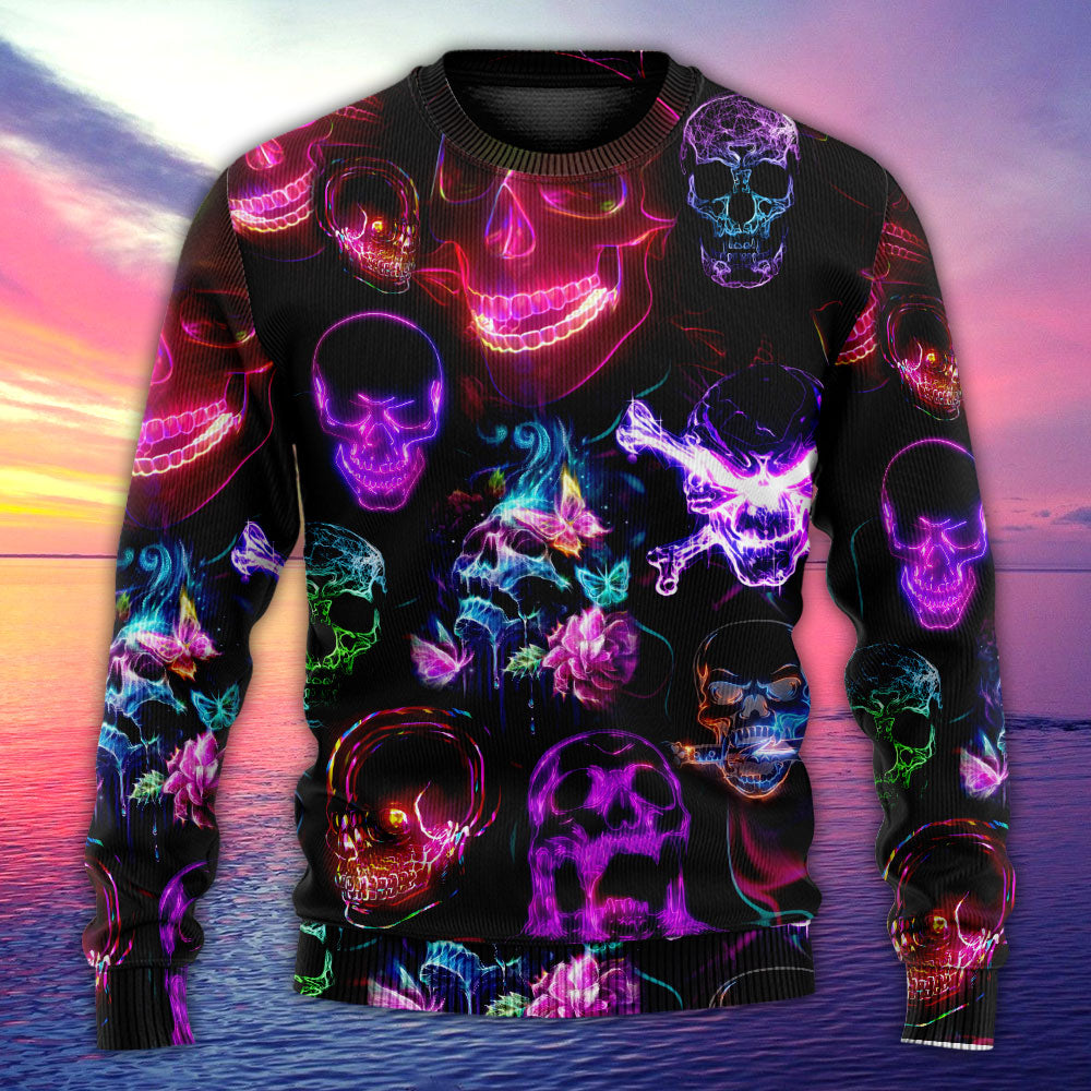 Skull Neon Art Happy Holiday - Sweater - Ugly Christmas Sweaters - Owls Matrix LTD