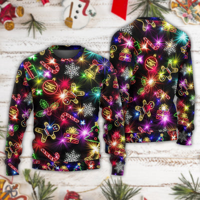 Christmas With Tree And Gift Cookies Gingerbread Man Neon Style New - Sweater - Ugly Christmas Sweaters - Owls Matrix LTD