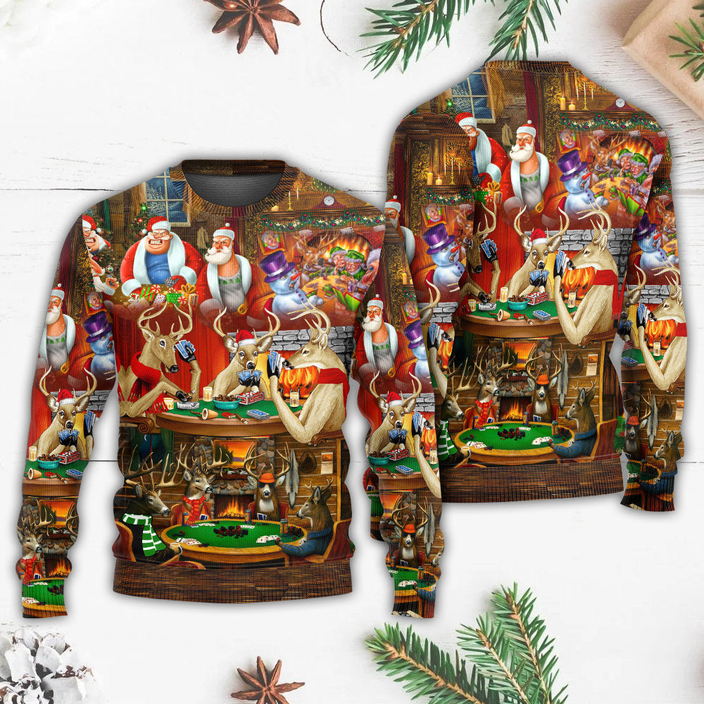 Christmas Poker Gambling Santa And Friends Play Poker - Sweater - Ugly Christmas Sweaters - Owls Matrix LTD