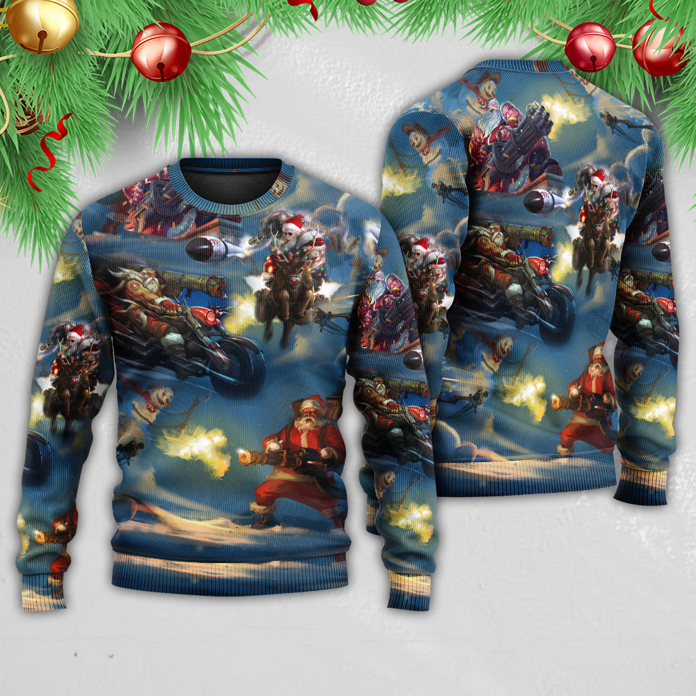 Christmas Santa Gun Fight In Xmas - Sweater - Ugly Christmas Sweaters - Owls Matrix LTD