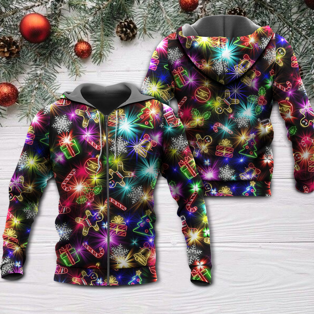 Christmas With Tree And Gift Cookies Gingerbread Man Neon Style - Hoodie - Owls Matrix LTD