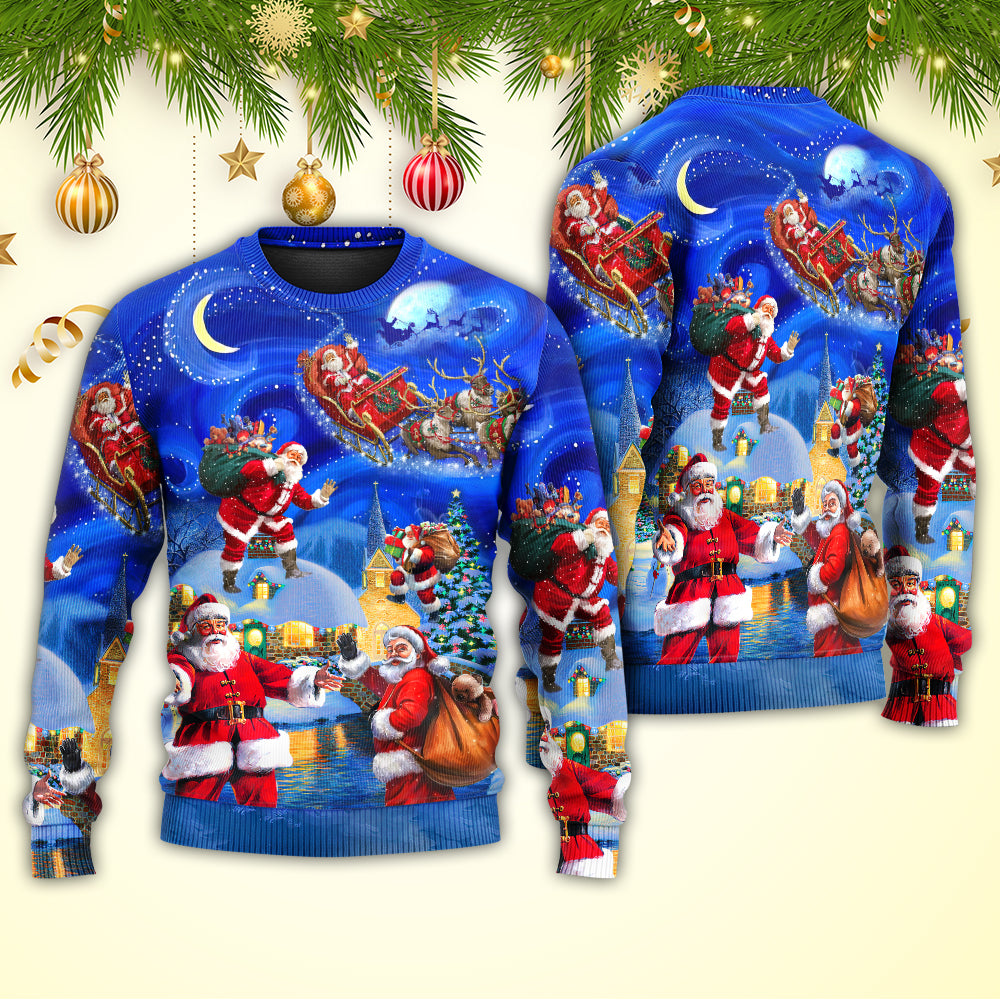 Christmas Santa Claus In The Town Magic Night Art Style - Sweater - Ugly Christmas Sweaters - Owls Matrix LTD
