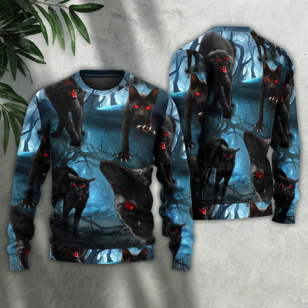 Halloween Black Cat Scary Style - Sweater - Ugly Christmas Sweaters - Owls Matrix LTD
