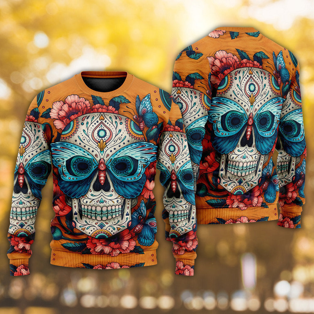 Skull And Butterfly Abstract Vintage Colorful - Sweater - Ugly Christmas Sweaters - Owls Matrix LTD