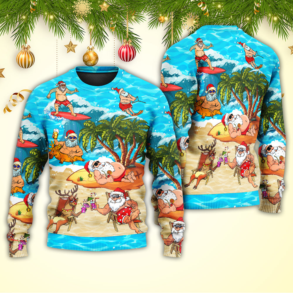 Christmas Santa Claus Chilling On The Beach Mele Kalikimaka Funny - Sweater - Ugly Christmas Sweaters - Owls Matrix LTD