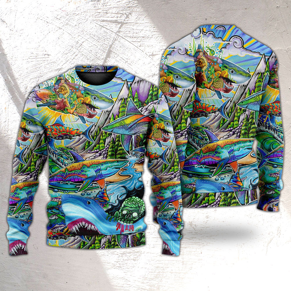 Shark Hippie Colorful Art Peace - Sweater - Ugly Christmas Sweaters - Owls Matrix LTD