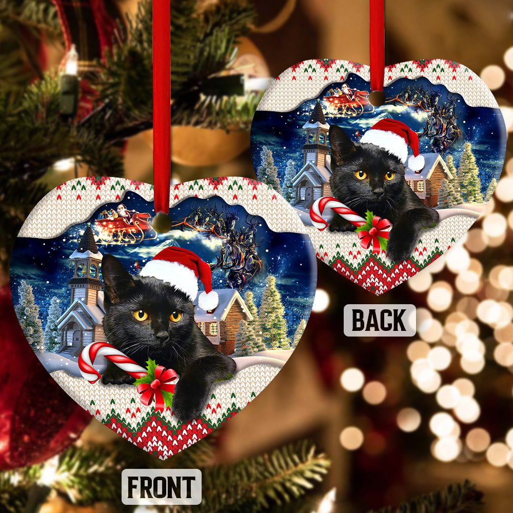 Christmas Black Cat Funny Xmas Light Santa Claus Decor Tree Hanging - Heart Ornament - Owls Matrix LTD