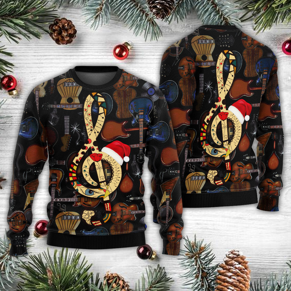 Christmas Guitar Happiness With Santa Hat - Sweater - Ugly Christmas Sweaters - Owls Matrix LTD