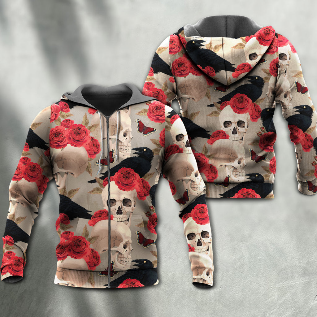 Skull With Rose Flower And Raven Gothic Style- Hoodie - Owls Matrix LTD