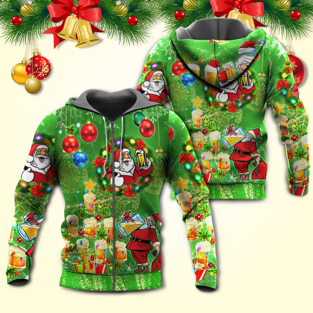 Christmas Funny Santa Claus Drinking Beer Happy Christmas Tree Green Light - Hoodie - Owls Matrix LTD