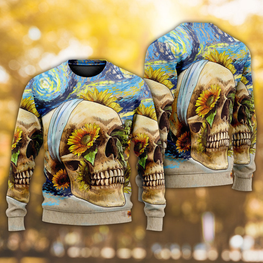 Skull And Sunflower Vintage Amazing Starry Night - Sweater - Ugly Christmas Sweaters - Owls Matrix LTD