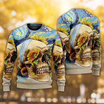 Skull And Sunflower Vintage Amazing Starry Night - Sweater - Ugly Christmas Sweaters - Owls Matrix LTD