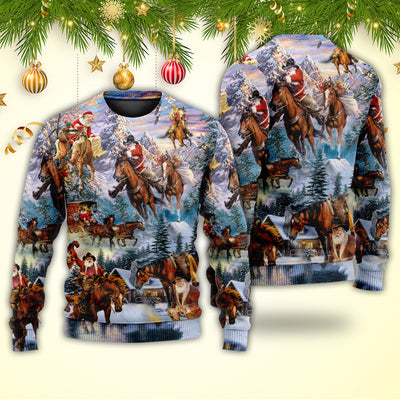 Christmas Santa Claus Riding Horse Snow Mountain Art Style - Sweater - Ugly Christmas Sweaters - Owls Matrix LTD