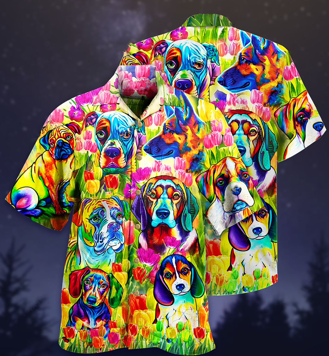 Dogs Colorfull Tulip - Hawaiian Shirt - Owls Matrix LTD