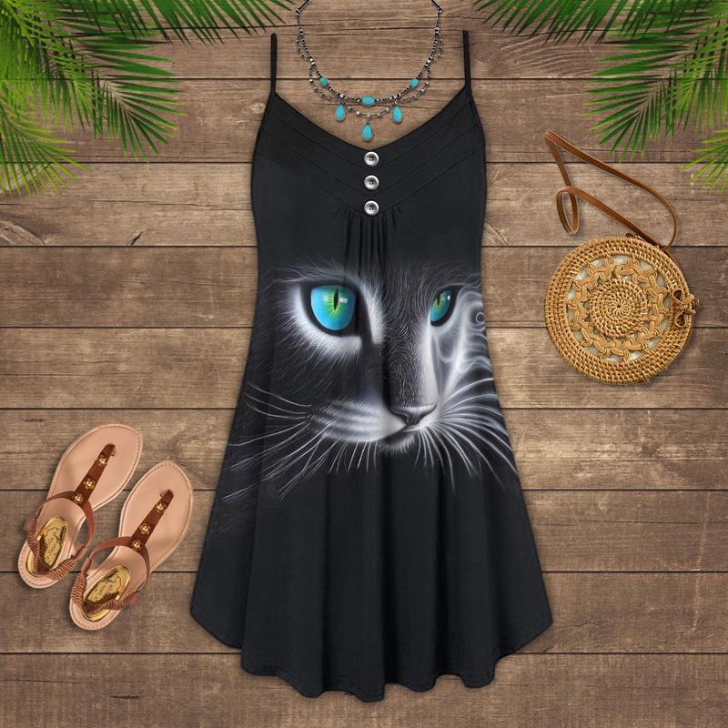 Cat Love Summer Vibes Black Style - Summer Dress - Owls Matrix LTD