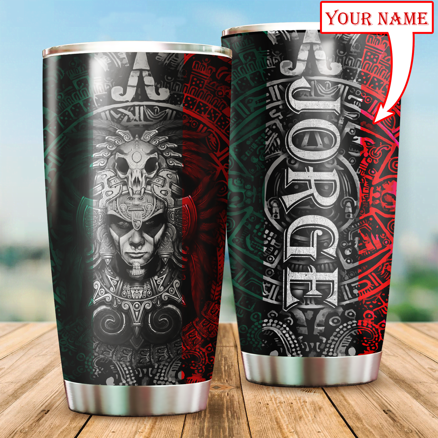 Aztec Mexico Green And Red Personalized - Tumbler - Owls Matrix LTD
