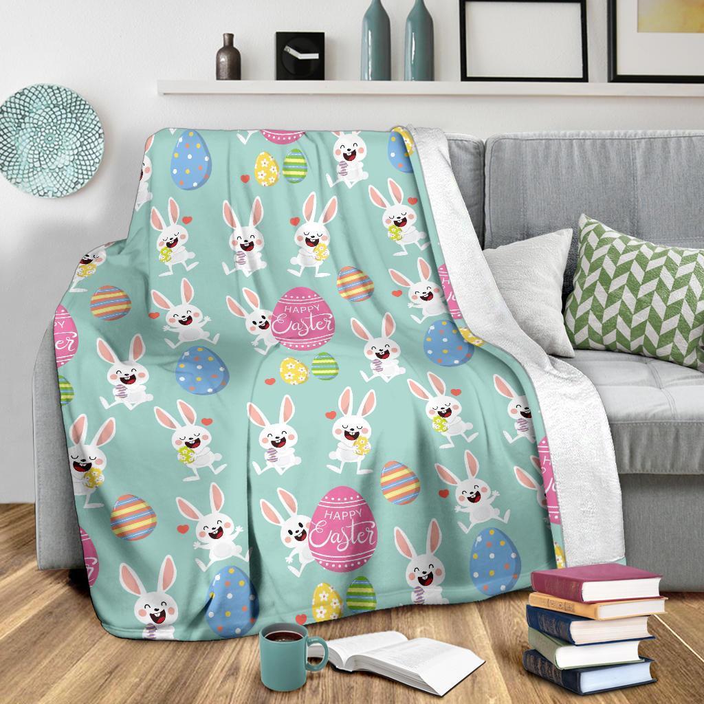 Easter Eggs Bunny Smiling Heart Happy Easter Day - Flannel Blanket - Owls Matrix LTD
