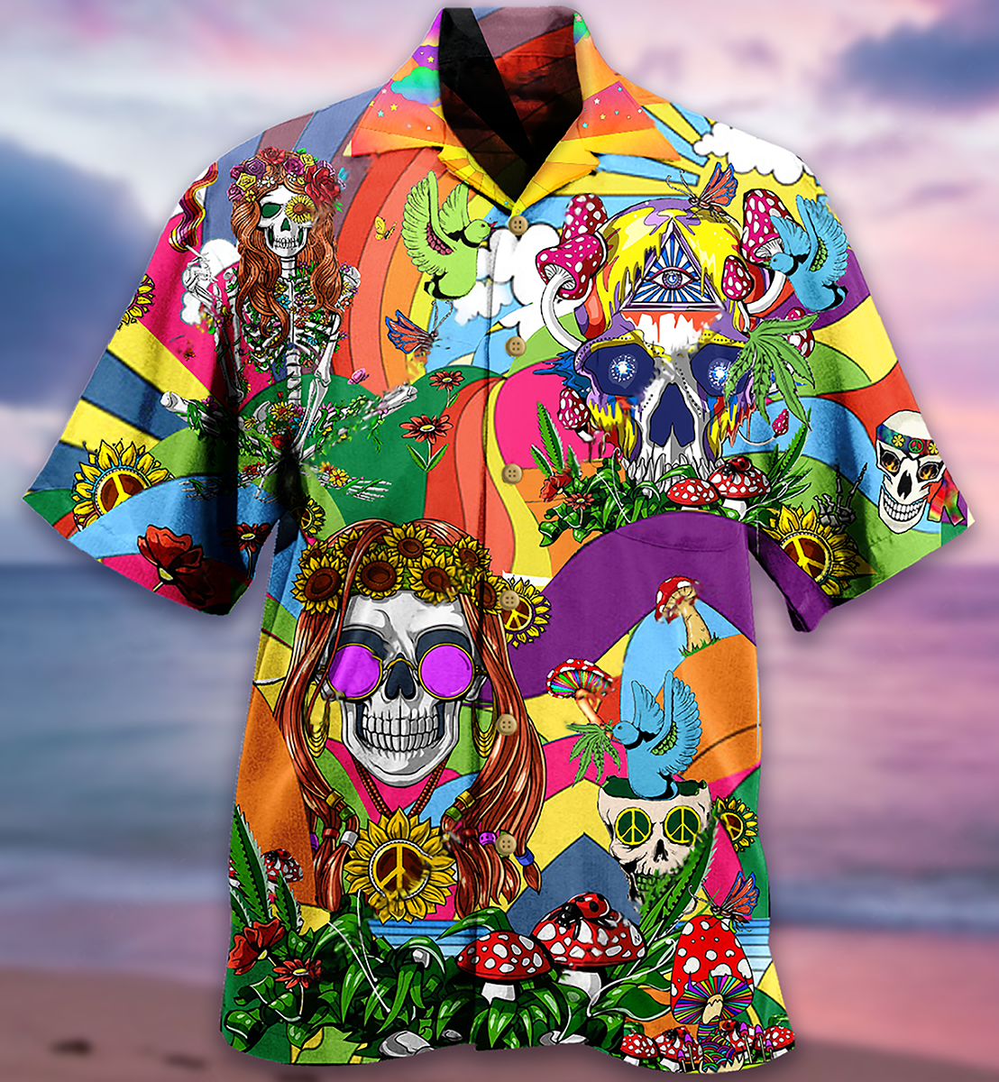 Hippie Skull Peace Life Color So Funny - Hawaiian Shirt - Owls Matrix LTD