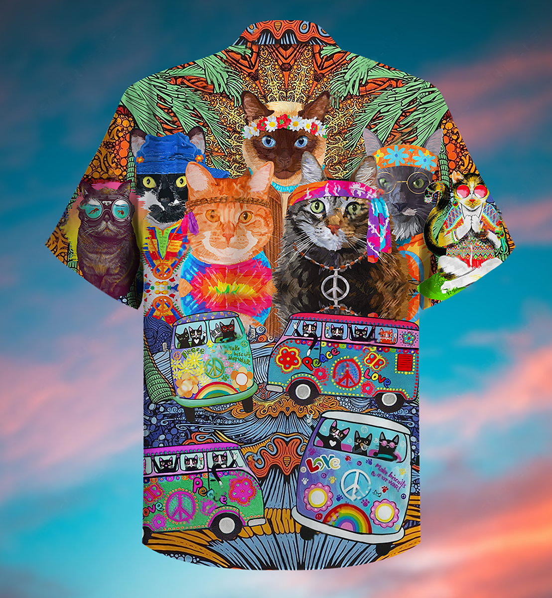 Hippie Cats Peace Love Life Color - Hawaiian Shirt - Owls Matrix LTD
