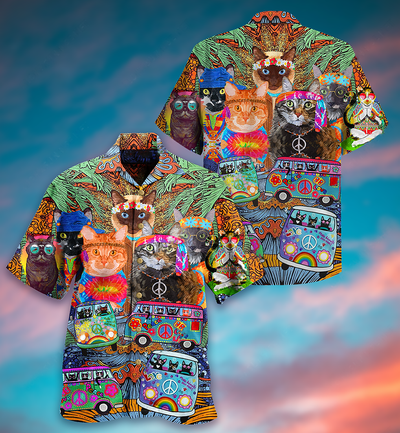 Hippie Cats Peace Love Life Color - Hawaiian Shirt - Owls Matrix LTD