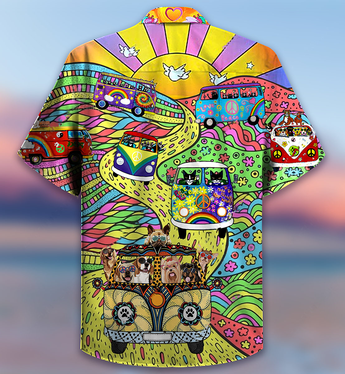 Hippie Dogs And Cats Bus - Hawaiian Shirt - Owls Matrix LTD