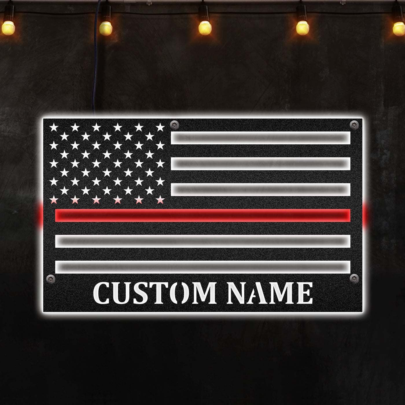 Firefighter Service Flag Thin Red Line Personalized - Two Colours Led Lights Metal - Owls Matrix LTD