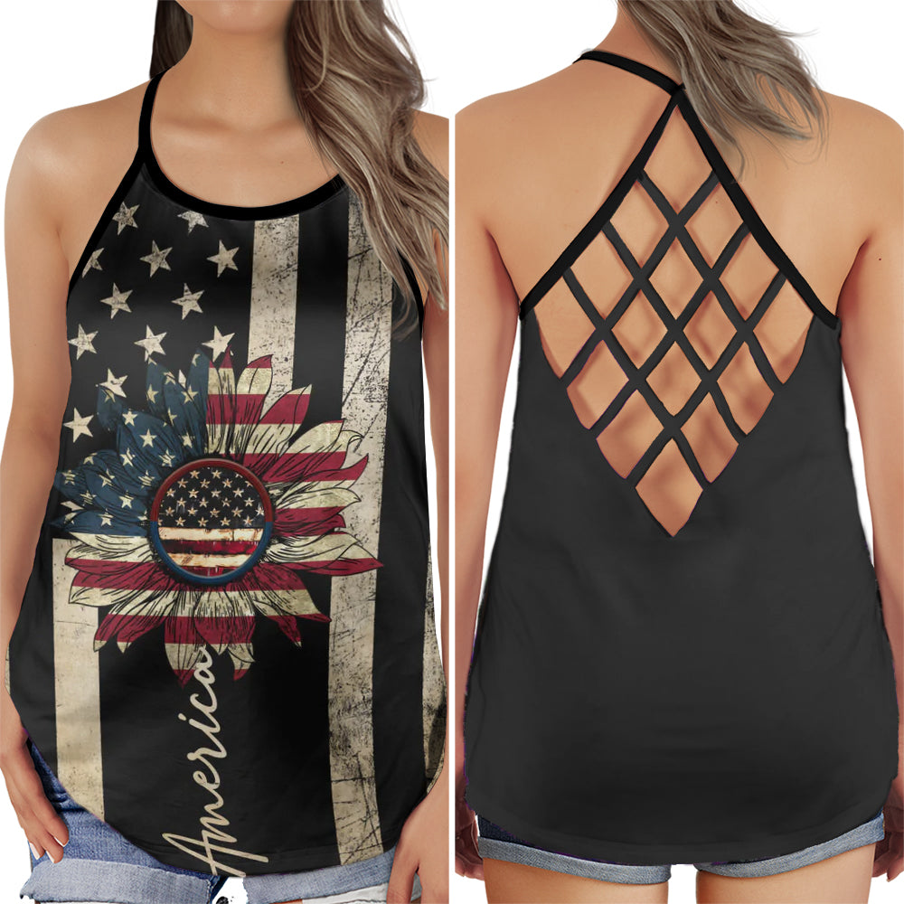 S America Independence Day Happiness Black Style - Cross Open Back Tank Top - Owls Matrix LTD