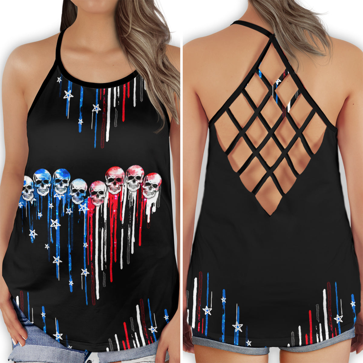 S America Independence Day Happiness Amazing - Cross Open Back Tank Top - Owls Matrix LTD