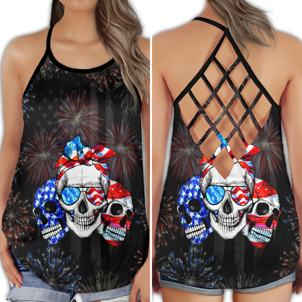 S America Independence Day Happiness With Flag Style - Cross Open Back Tank Top - Owls Matrix LTD