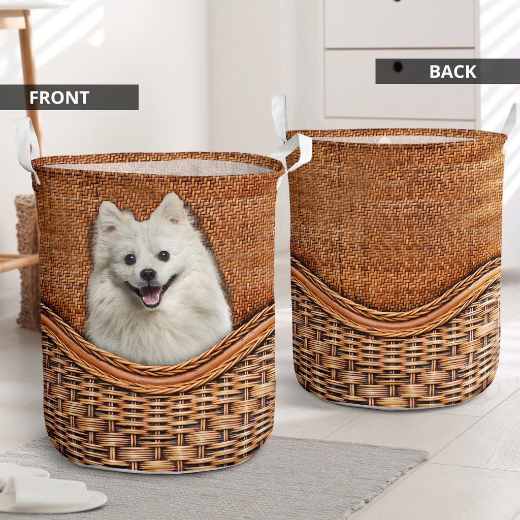 American Eskimo Dog Rattan Teaxture - Laundry Basket - Owls Matrix LTD