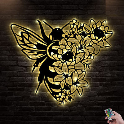 12"x12" Floral Bee Live And Work Hard - Led Light Metal - Owls Matrix LTD
