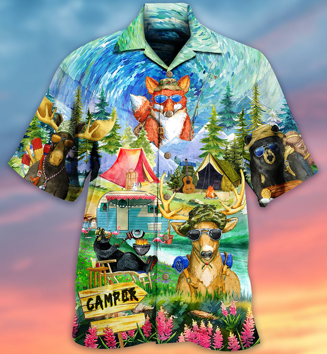 Camping Happy Animals - Hawaiian Shirt - Owls Matrix LTD