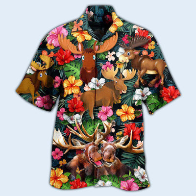 Moose Animals Happy Moose Aloha - Hawaiian Shirt - Owls Matrix LTD
