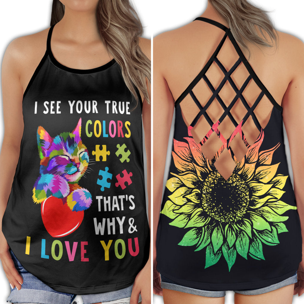 S Autism Awareness I Love You I See Your True Lovely Cat - Cross Open Back Tank Top - Owls Matrix LTD