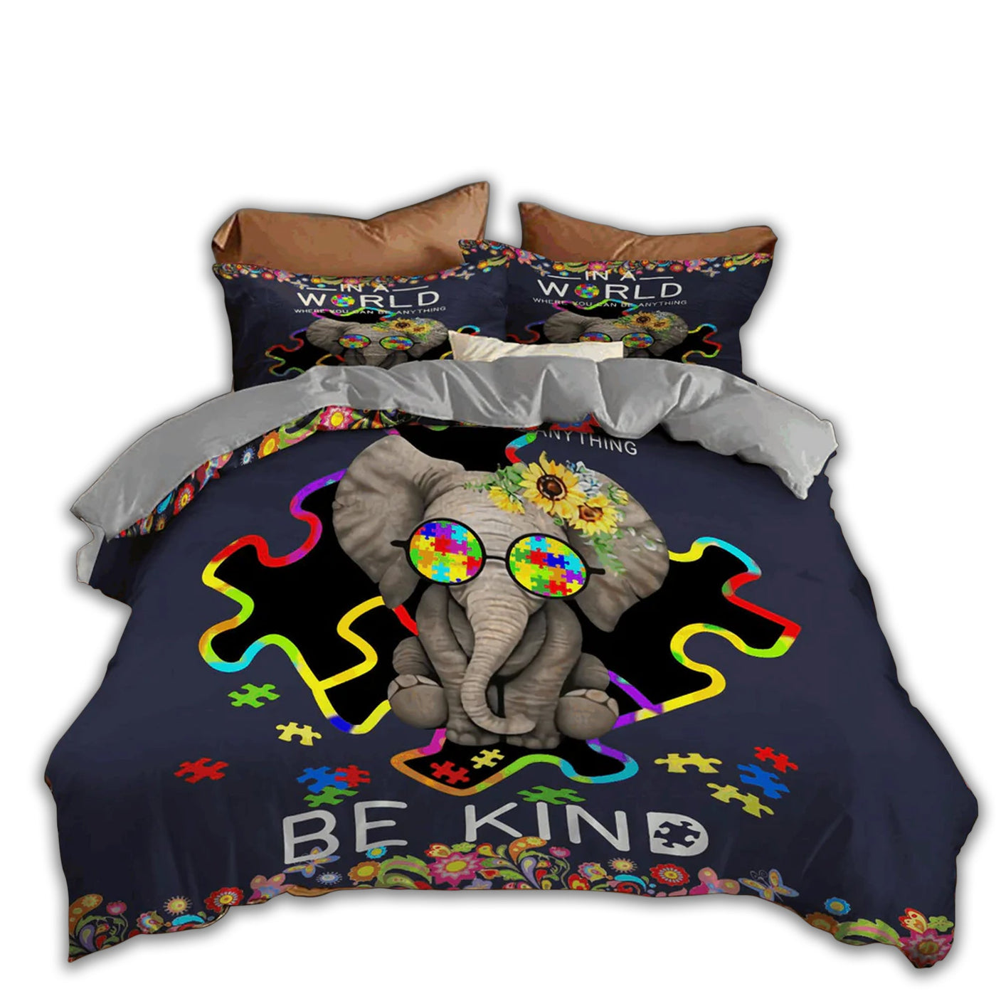 US / Twin (68" x 86") Autism Awareness Lovely Elephant - Bedding Cover - Owls Matrix LTD