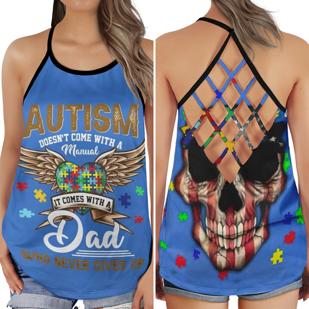 S Autism Dad Who Never Give Up Heart Wings - Cross Open Back Tank Top - Owls Matrix LTD