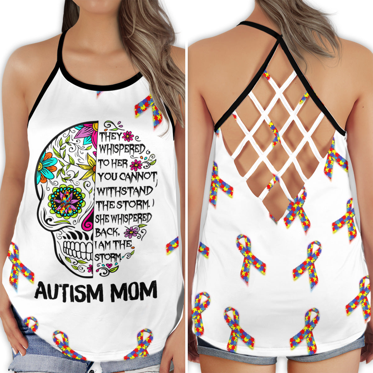 S Autism Mom Love The Storm - Cross Open Back Tank Top - Owls Matrix LTD