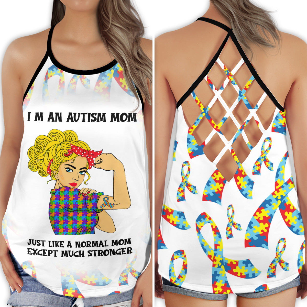 S Autism Love I'm An Autism Mom - Cross Open Back Tank Top - Owls Matrix LTD