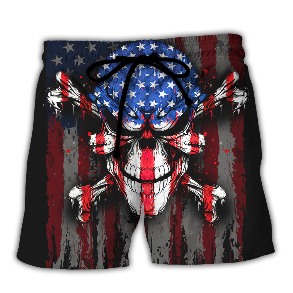 Skull This Is America We Eat Meat We Drink Beer We Own Guns We Speak English We Love Freedom If You Don't Like It GTFO! - Beach Short