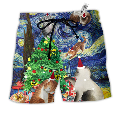 Beach Short / Adults / S Christmas Cat Playing In Starry Night - Beach Short - Owls Matrix LTD