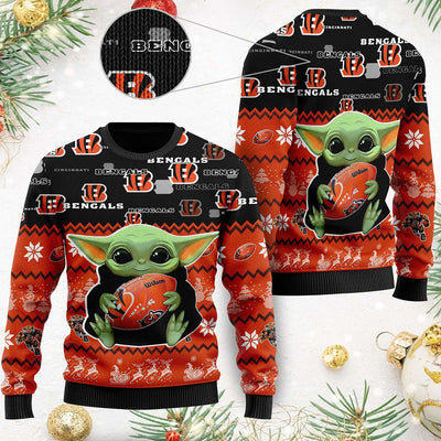 Christmas Star Wars Baby Yoda Star Wars Cincinnati Bengals Custom Name - Sweater - Ugly Christmas Sweaters