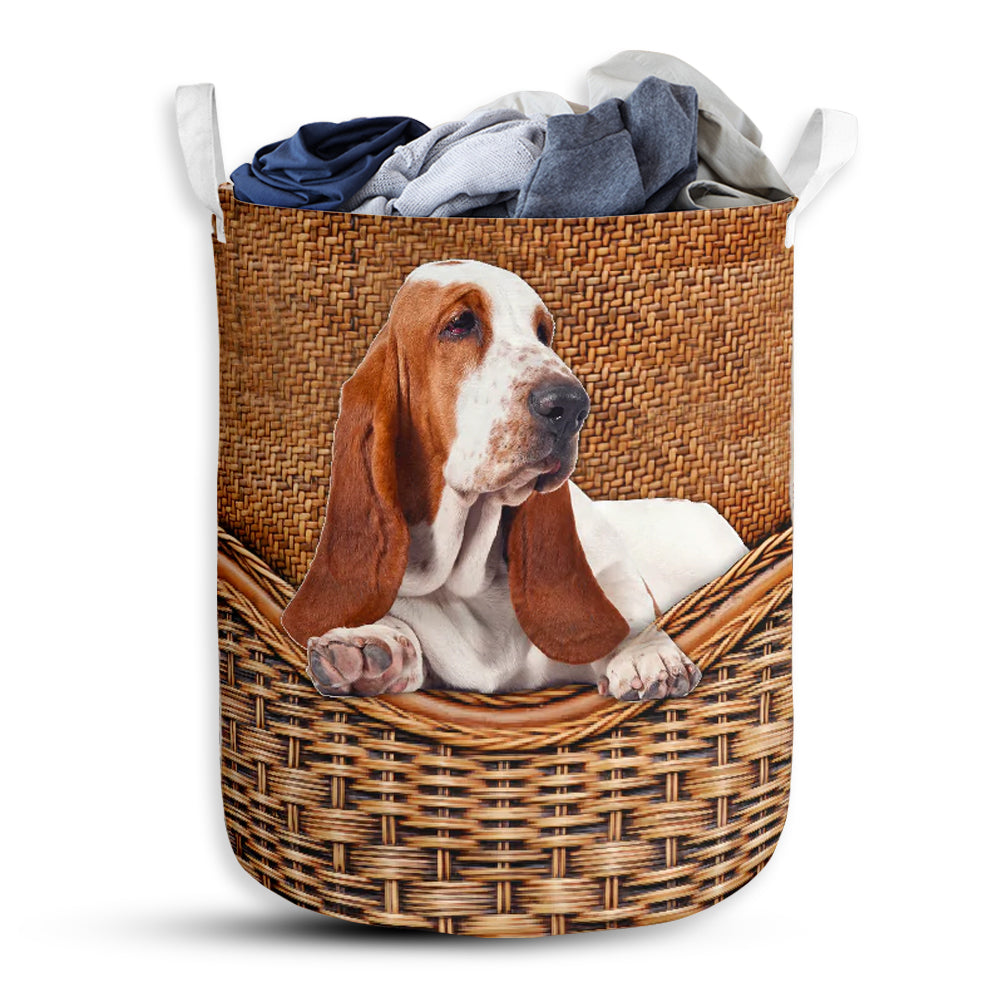 S: 17.72”x13.78” (45x35 cm) Basset Hound Dog Rattan Teaxture - Laundry basket - Owls Matrix LTD