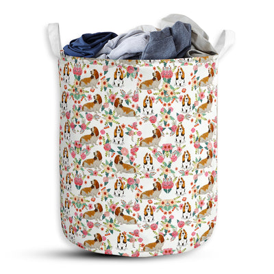 S: 17.72”x13.78” (45x35 cm) Basset Hound Flower Pattern - Laundry Basket - Owls Matrix LTD