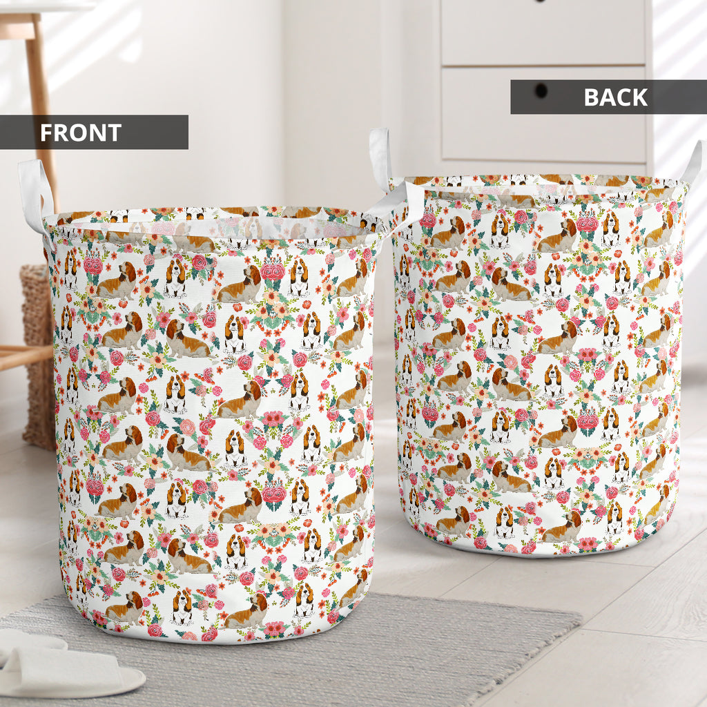 Basset Hound Flower Pattern - Laundry Basket - Owls Matrix LTD