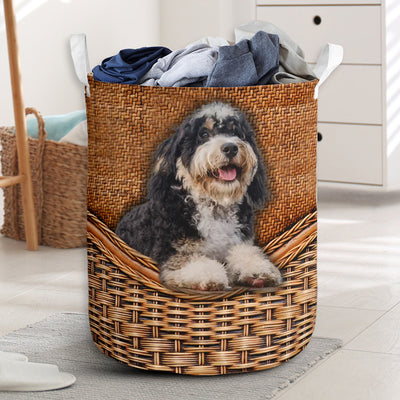 Bernedoodle Dog Rattan Teaxture - Laundry Basket - Owls Matrix LTD