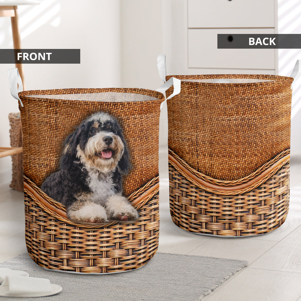 Bernedoodle Dog Rattan Teaxture - Laundry Basket - Owls Matrix LTD